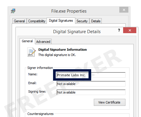 Screenshot of the Primate Labs Inc. certificate
